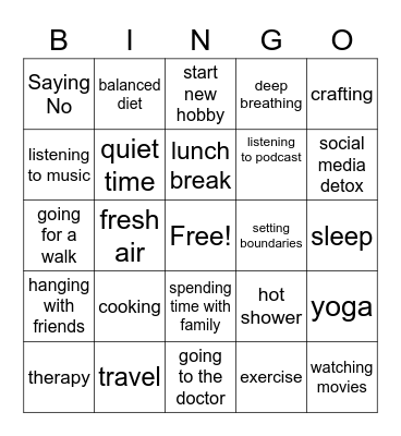Self Care Bingo Card