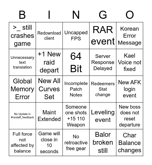 Vindictus 110 Release Bingo Card