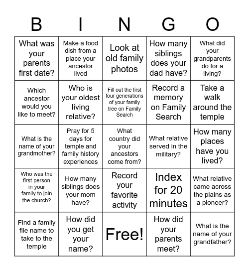 Family History Bingo Card