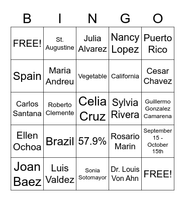 Hispanic Heritage BINGO! Bingo Card