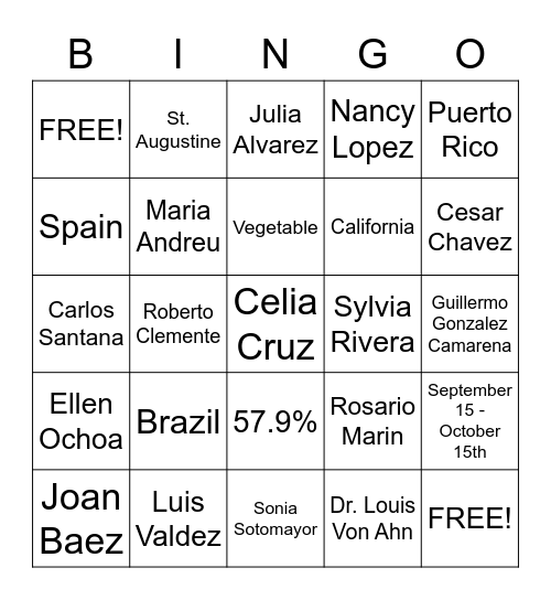 Hispanic Heritage BINGO! Bingo Card