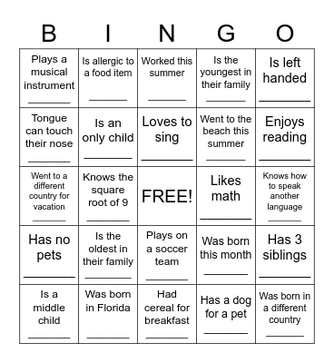 Getting to know you Ice Breaker Bingo Card