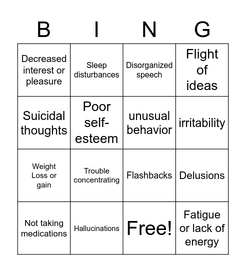 Warning signs of declining mental health Bingo Card