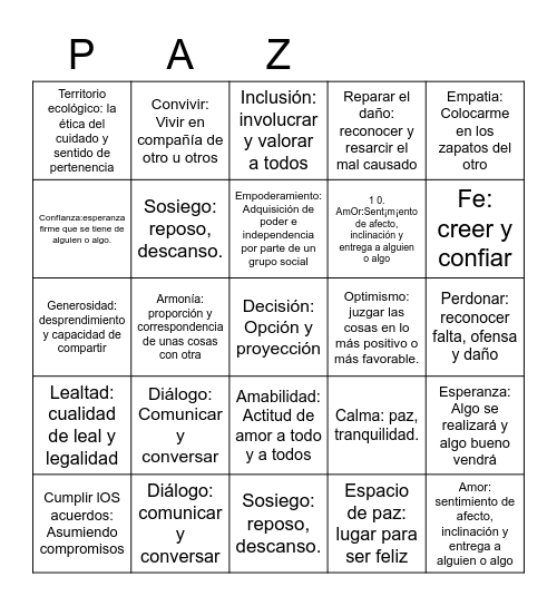 SEMANA POR LA PAZ Bingo Card