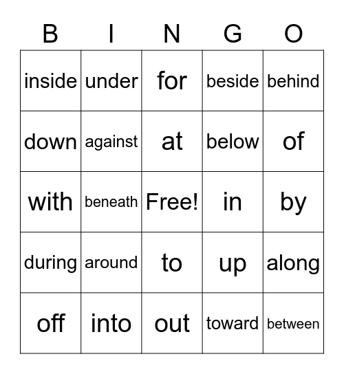 Prepositions Bingo Card