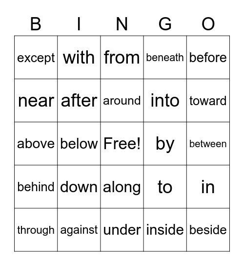 Prepositions Bingo Card