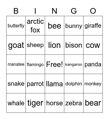 warp animal bingo Card
