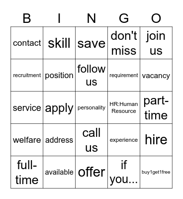 Advertisement Vocabs Bingo Card
