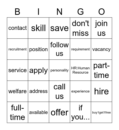 Advertisement Vocabs Bingo Card