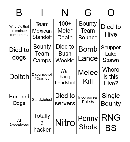 Hunt Showdown BS Bingo Card