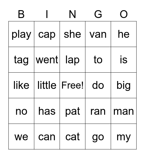 H-F words Bingo Card