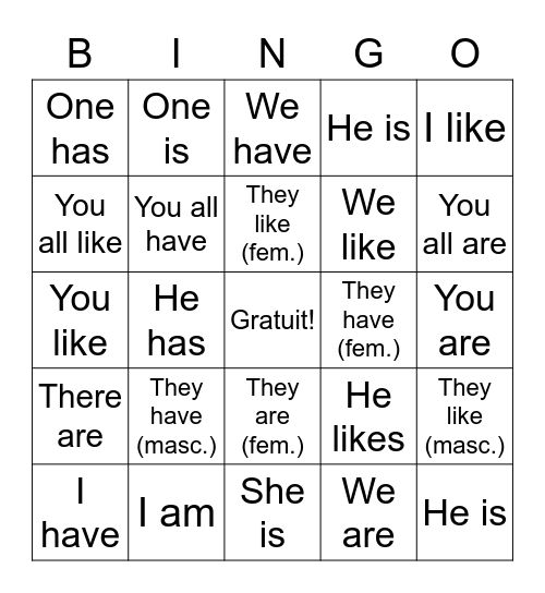 La rentrée - les verbes Bingo Card