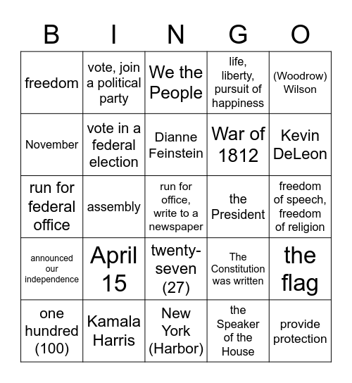 American Civics Bingo Card