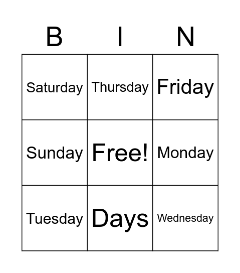 Days of the Week Bingo Card