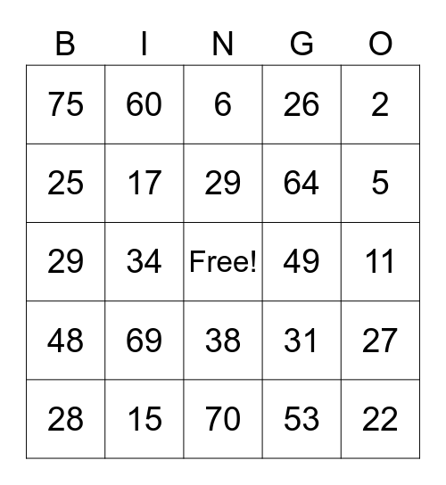 Example Game Bingo Card