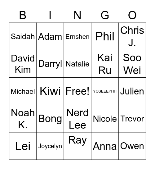David Kim's Bingo Card