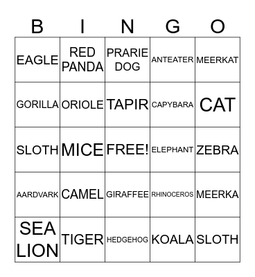 ZOO ANIMAL Bingo Card
