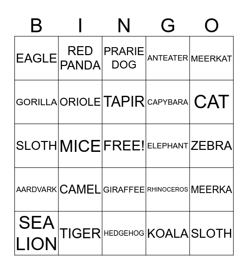 ZOO ANIMAL Bingo Card