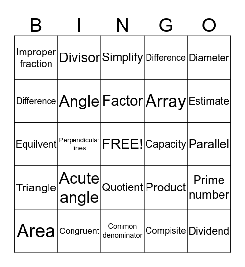 5 th grade Math Bingo Card