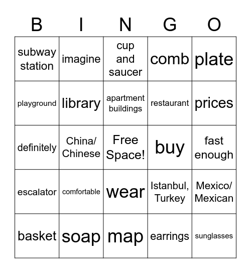 SM Level 5b, Unit 6, Vocabulary Bingo Card