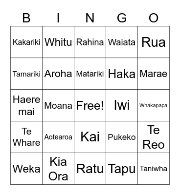 Maori Language Week Bingo Card