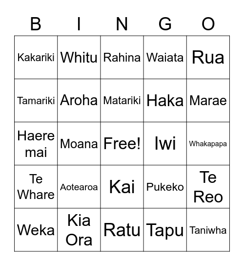 Maori Language Week Bingo Card
