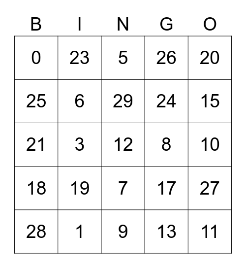 Spanish Numbers 0-30 Bingo Card