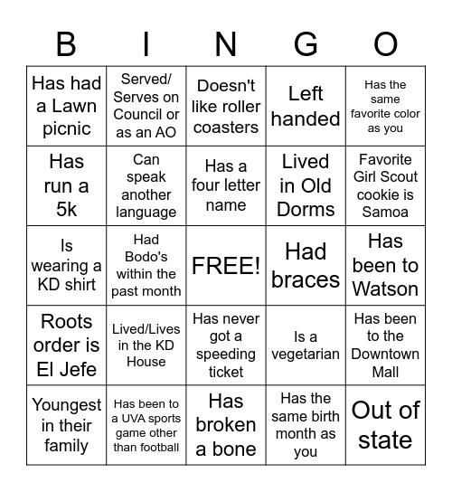 Kappa Delta Bid Day Bingo Card