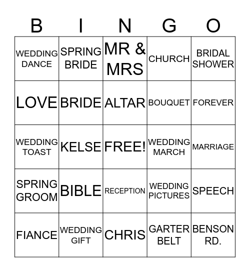 BRIDAL BINGO! Bingo Card