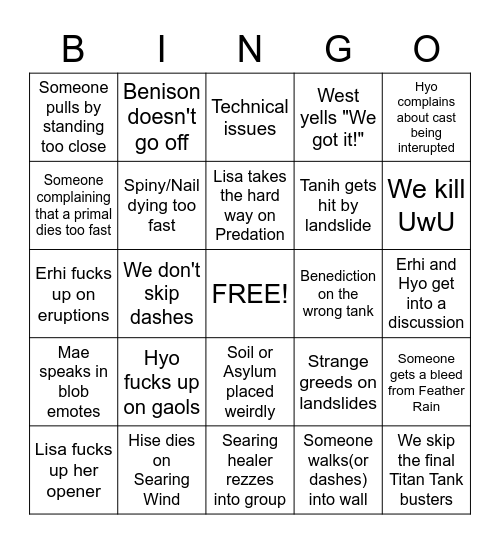 UwU enrage pulls all night Bingo Card