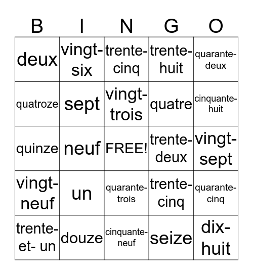 French numbers Bingo Card