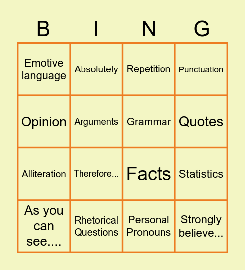 Vocabulary Bingo Card