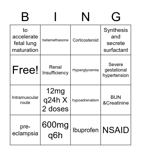 OB Medication Bingo Card