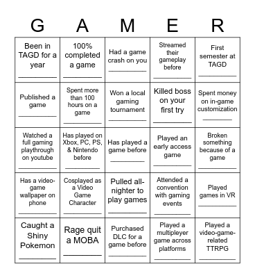 TAGD Icebreaker Bingo Card