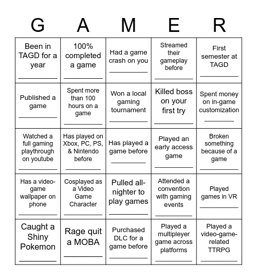 TAGD Icebreaker Bingo Card