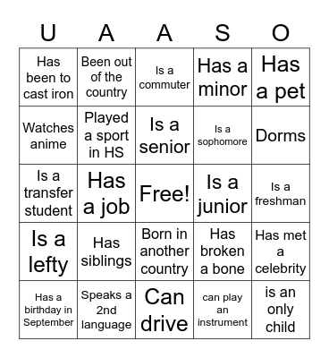 Personality Bingo Card