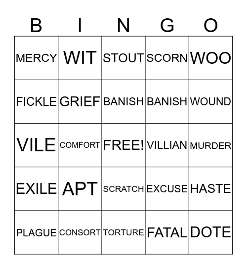 ROMEO AND JULIET VOCABULARY THREE Bingo Card