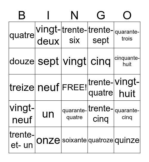 French numbers Bingo Card