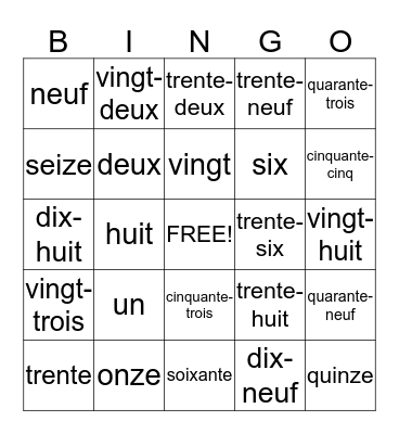 French numbers Bingo Card