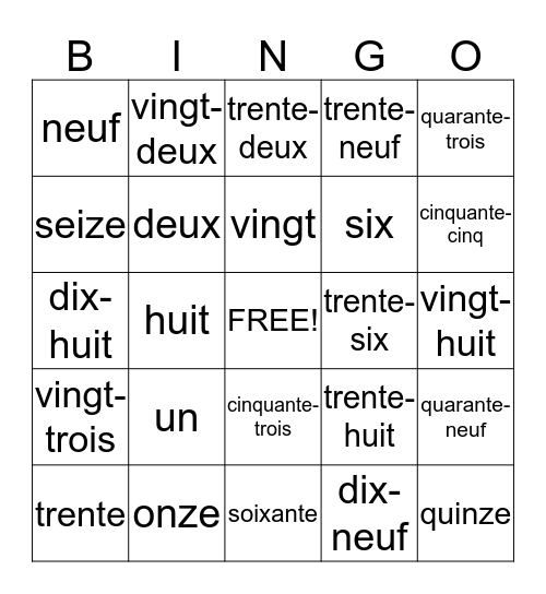 French numbers Bingo Card