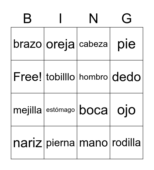 Body (El cuerpo) Bingo Card