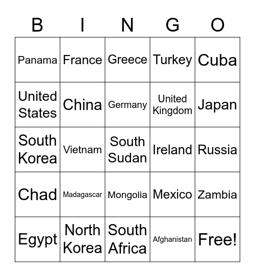 Countries Matching Bingo Card
