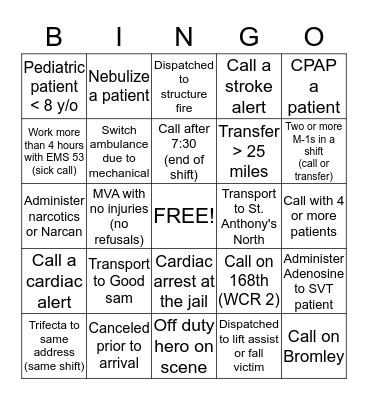Medic Bingo Card