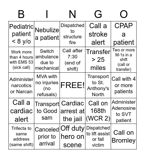 Medic Bingo Card