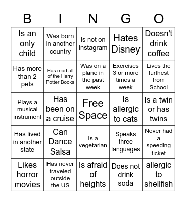 Get To Know You Bingo Card