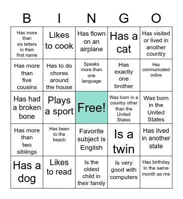 Get To Know Bingo Card
