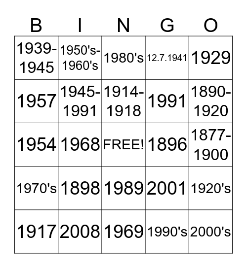 Historical Eras and Turning Points Bingo Card