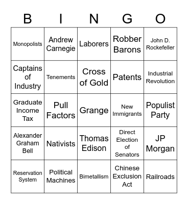 Gilded Age Bingo Card