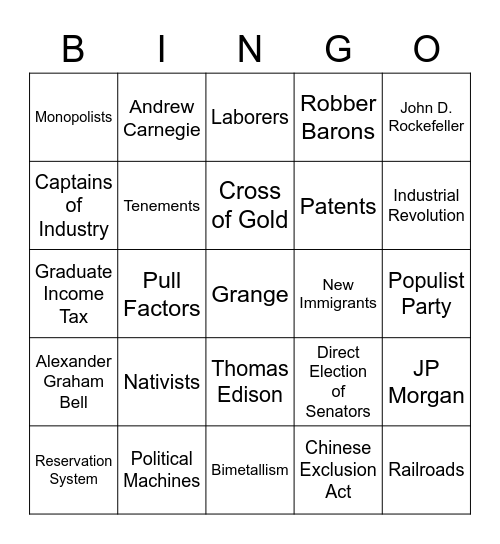 Gilded Age Bingo Card
