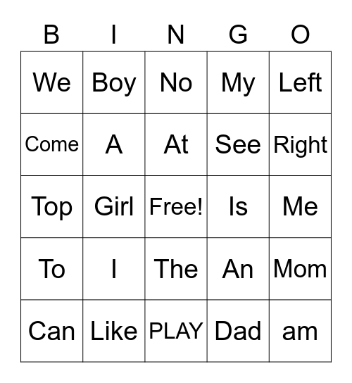 Sight Words Bingo Card